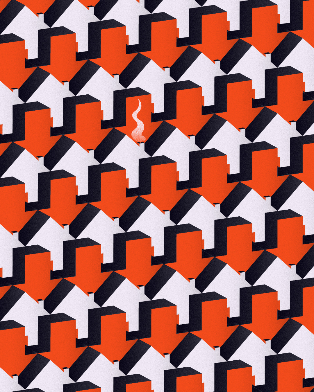 Illustration conceptuelle d'un motif répété de maisons en forme de flèches orange, une seule cheminée fumante visible - symbole de la baisse de l'offre de logements disponibles - crise du logement
